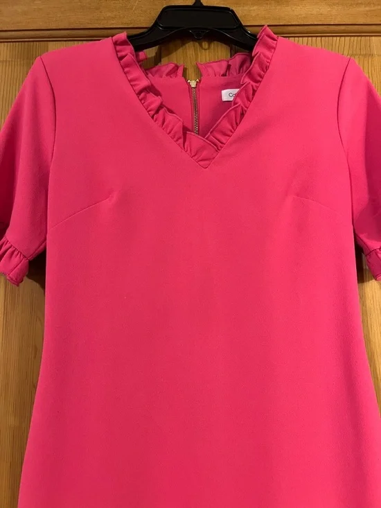 Calvin Klein Hot Pink V-Neck Shift Dress with Ruffle Trim - Picture 4 of 4